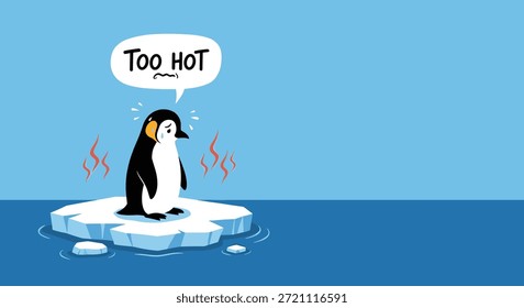 Triste pinguim suando parado em uma pequena placa de gelo derretendo em um vasto oceano, representando a questão urgente do aquecimento global e das mudanças climáticas.