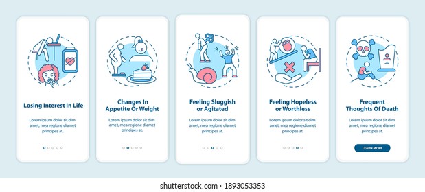 SAD symptoms onboarding mobile app page screen with concepts. Losing interest in life, feeling sluggish walkthrough 5 steps graphic instructions. UI vector template with RGB color illustrations