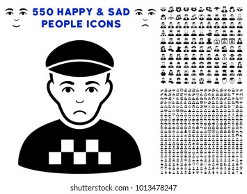 Sad Taxi Driver pictograph with 550 bonus pity and happy user clip art. Vector illustration style is flat black iconic symbols.