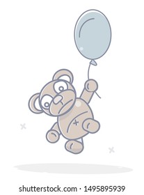 Sad Teddy bear in a balloon.  Soars above the ground.  Abandoned, forgotten toys. Cartoon character funny and comic style.
