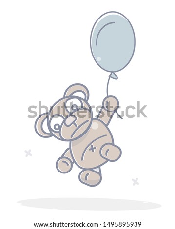 Sad Teddy bear in a balloon.  Soars above the ground.  Abandoned, forgotten toys. Cartoon character funny and comic style.
