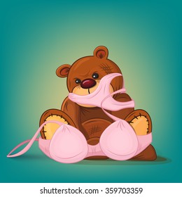 Sad teddy bear gift with pink underwear. Vector illustration