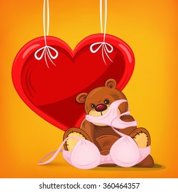 Sad teddy bear gift with pink underwear and heart frame. Vector illustration