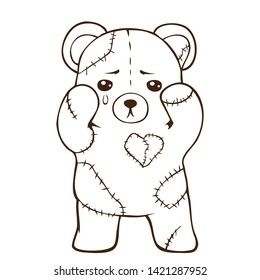 Sad teddy bear and patches   stitches  Vector drawing toy bear crying and broken heart