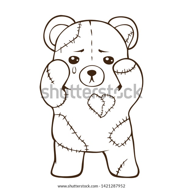 Sad teddy bear with patches and stitches. 
