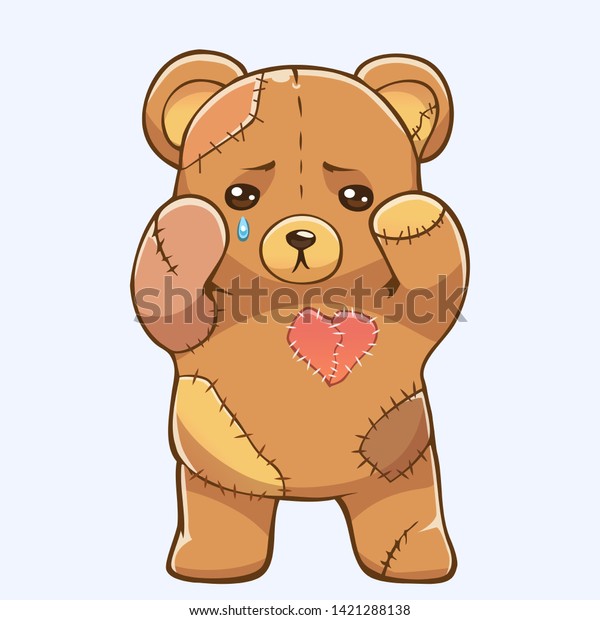 斑点と縫い目を持つ悲しいテディベア 泣くおもちゃ熊のベクターイラスト のベクター画像素材 ロイヤリティフリー