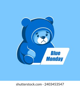 Sad Teddy bear is sitting in front of a laptop. Blue Monday. Cartoon, flat, vector illustration