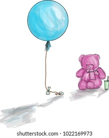 The sad teddy bear together with the blue balloon is unwinding with refreshing drink.