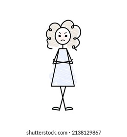 sad teen girl character upset angry bad mood black outline pencil drawing flat doodle illustration