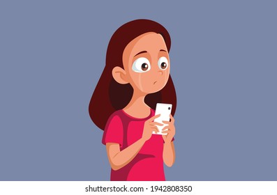 Sad Teen Girl  Feeling Bullied Online. Crying adolescent being harassed on social media 
