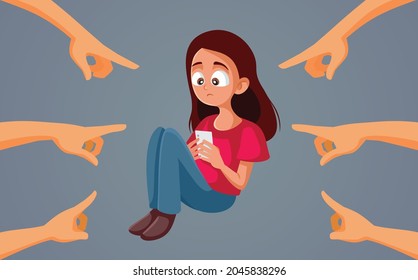 Sad Teen Girl Getting Harassed Online Vector Illustration. Teenager Suffering Because Of Cyber-bullying Reading Hate Comments On Social Media 
