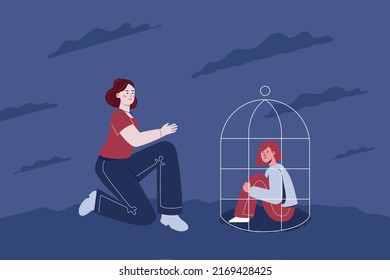 A sad teenage girl is sitting in a cage, next to her a woman holds out her hand. The concept of psychological assistance to adolescents with depression, grief, anxiety.