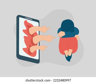 Sad teenage girl suffers from bullying, scorn and contempt on the internet. Peers engage in bullying behavior towards a child on social media. Cyberbullying and bad influence on children concept.