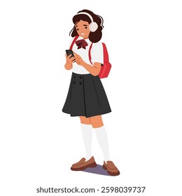 Sad teenage schoolgirl cartoon character looking with sadness at smartphone screen isolated on white background. Social media addiction, youth problems of communication online vector illustration