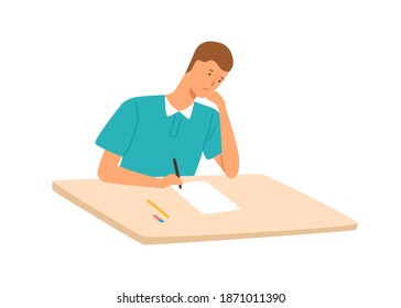 Sad Teenage Student Having Exam Or Writing Test At The Table. Scene Of Education, Concentration And Learning Process. Flat Vector Cartoon Illustration Of Studying Pupil Isolated On White Background