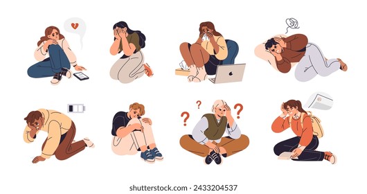 Sad teenagers suffer set. Lonely girls and guys thinking, feeling anxiety. Depressed people cry, expression unhappy emotions. Stressed students. Flat isolated vector illustration on white background