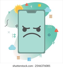 Triste emoji tenso en la pantalla de un smartphone: Diseño de ilustración moderno con un toque creativo de coloridos Elementos geométricos | Diseño triste del icono del emoji en la pantalla del smartphone