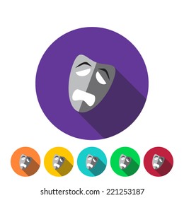Sad theater mask on colorful background with shadow