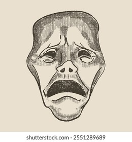 Sad theatre mask, illustration in the style of a medieval engraving