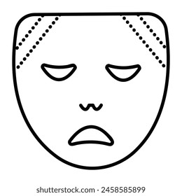 Triste máscara facial teatral, ícono de línea negra de un pesimista, simple signo de Vector