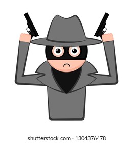 Sad thief cartoon with weapons. Vector illustration design