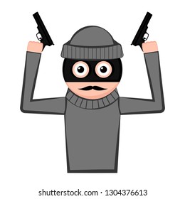 Sad thief cartoon with weapons. Vector illustration design