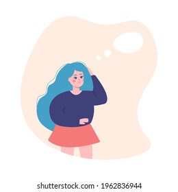 Sad thinking girl with speech bubble. Emotion, face, expression, mental stress, depression, boredom, frustration, fatigue concept. Young unhappy sad frustrated depressed woman.