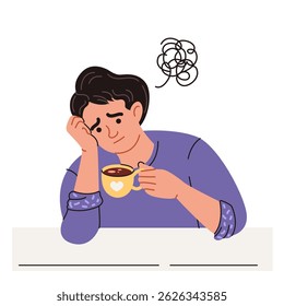 Um homem triste e pensativo com o caos na cabeça toma café. Ilustração gráfica vetorial em estilo plano isolada em um plano de fundo branco