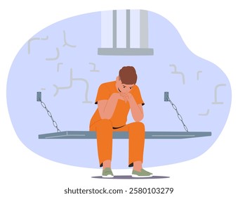 Sad thoughtful teenage guy prisoner cartoon character wearing orange uniform feeling guilty and worried indoor jail cage vector illustration. Arrested teenager criminal punishment and imprisonment