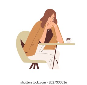 Sad thoughtful woman sitting at table in cafe. Unhappy pensive person thinking about problems and troubles. Anxious businesswoman in despair. Flat vector illustration isolated on white background