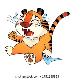 Sad tiger cub is crying. Cartoon style on white background, isolated object 