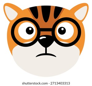 Sad tiger face in glasses. Comic animal expression
