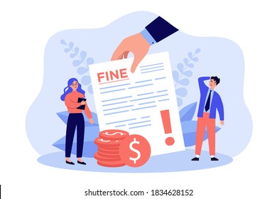 Sad tiny people getting punishment notice flat vector illustration. Man and woman paying traffic bill, municipal tax or parking fee as penalty from police. Financial mulct and economy concept