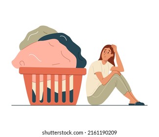 Sad Tiny Woman Looking At Huge Basket Of Dirty Laundry. Unhappy Female Character Is Tired Of Household Chores. Flat Vector Illustration Isolated On White Background