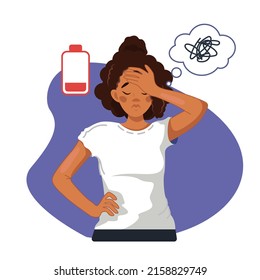 A sad tired african american woman with chaos in her head. Emotional burnout, neurosis, stress, overwork, fatigue, anxiety, exhaustion. The concept of mental health preservation. Vector illustration