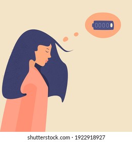 Sad tired Asian woman with a discharged battery in the thoughts. Depressed unhappy female in depression, sorrow, sadness. Fatigued girl is in emotional burnout or mental disorder. Battery low metaphor
