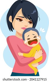 Sad tired Asian woman mother holding crying baby unable to sleep 