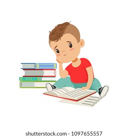 Sad tired boy sitting on the floor with a big pile of books vector Illustration on a white background
