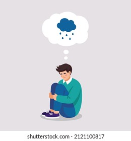 Sad tired boy suffers of depressive disorder, stress, tears. Vector illustration of mental problems