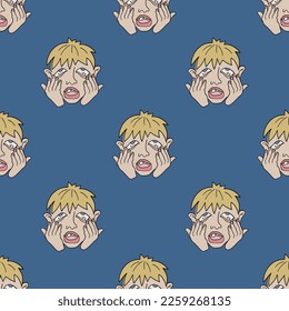 Sad tired boy vector seamless pattern. Cute repeat background for textile, design, fabric, cover etc.	