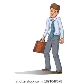 Sad And Tired Business Man Walking, Illustration Vector Cartoon