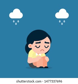 Sad and tired business woman with depression sitting on the floor, cartoon vector illustration.