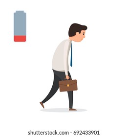 Sad Tired Businessman To Go And Look Down. The Battery Icon Is Not Energy. Vector Illustration In Cartoon Style Isolated On White Background