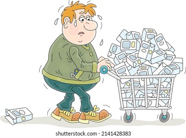 Sad and tired buyer walking to a supermarket checkout with a shopping cart full of boxes with scarce products, vector cartoon illustration isolated on a white background