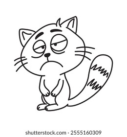 Sad tired cat doodle illustration with expressive face, black and white cartoon style art, perfect for designs, blogs, memes, or humorous projects