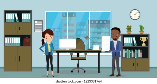 Sad and tired employee and boss with a stack of papers,office interior with furniture,flat vector illustration