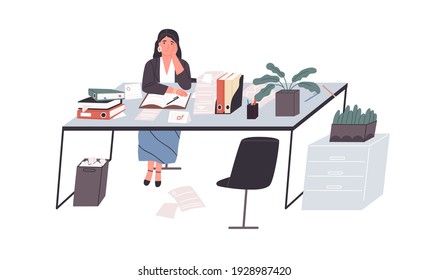 Sad And Tired Employee Overloaded With Work. Unhappy Depressed Woman Sitting Behind Office Desk Among Papers. Colored Flat Vector Illustration Of Upset Exhausted Worker Isolated On White Background