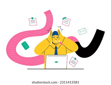 Sad, tired, exhausted business man overloaded with tasks and problems, mental health. Flat vector illustration isolated on white background
