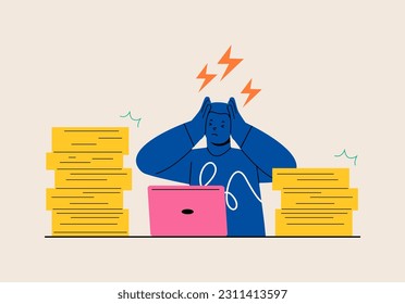 Sad, tired, exhausted man overloaded with tasks and problems, mental health. Colorful vector illustration

