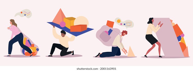 Sad, tired, exhausted people overloaded with tasks and problems. Diverse male, female characters coping with difficulties, carrying burden, ignoring troubles. Set of flat cartoon vector illustrations